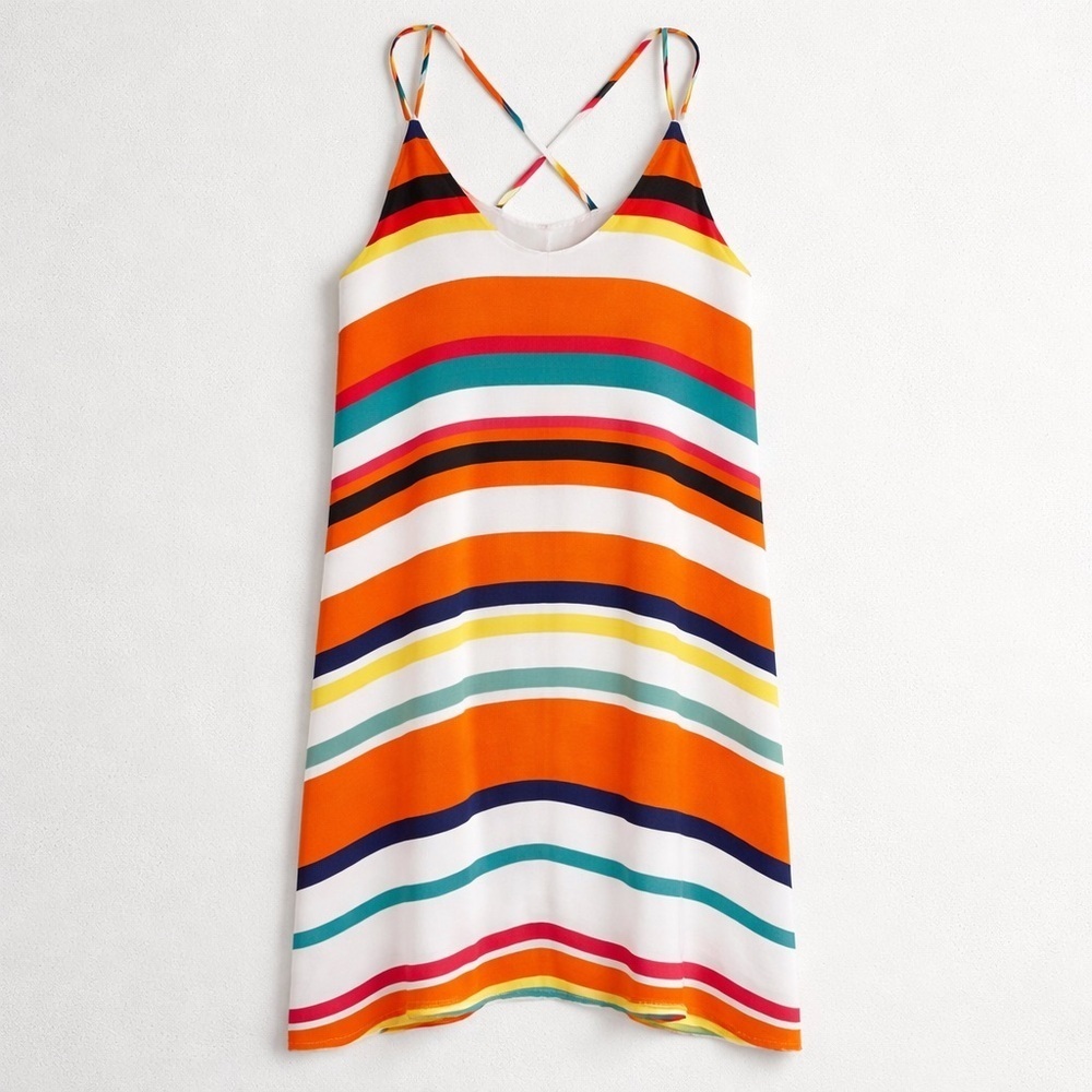 Elaine Rose Orange Red White Multicolor Striped Summer Midi Dress size 8 187 - Picture 2 of 10